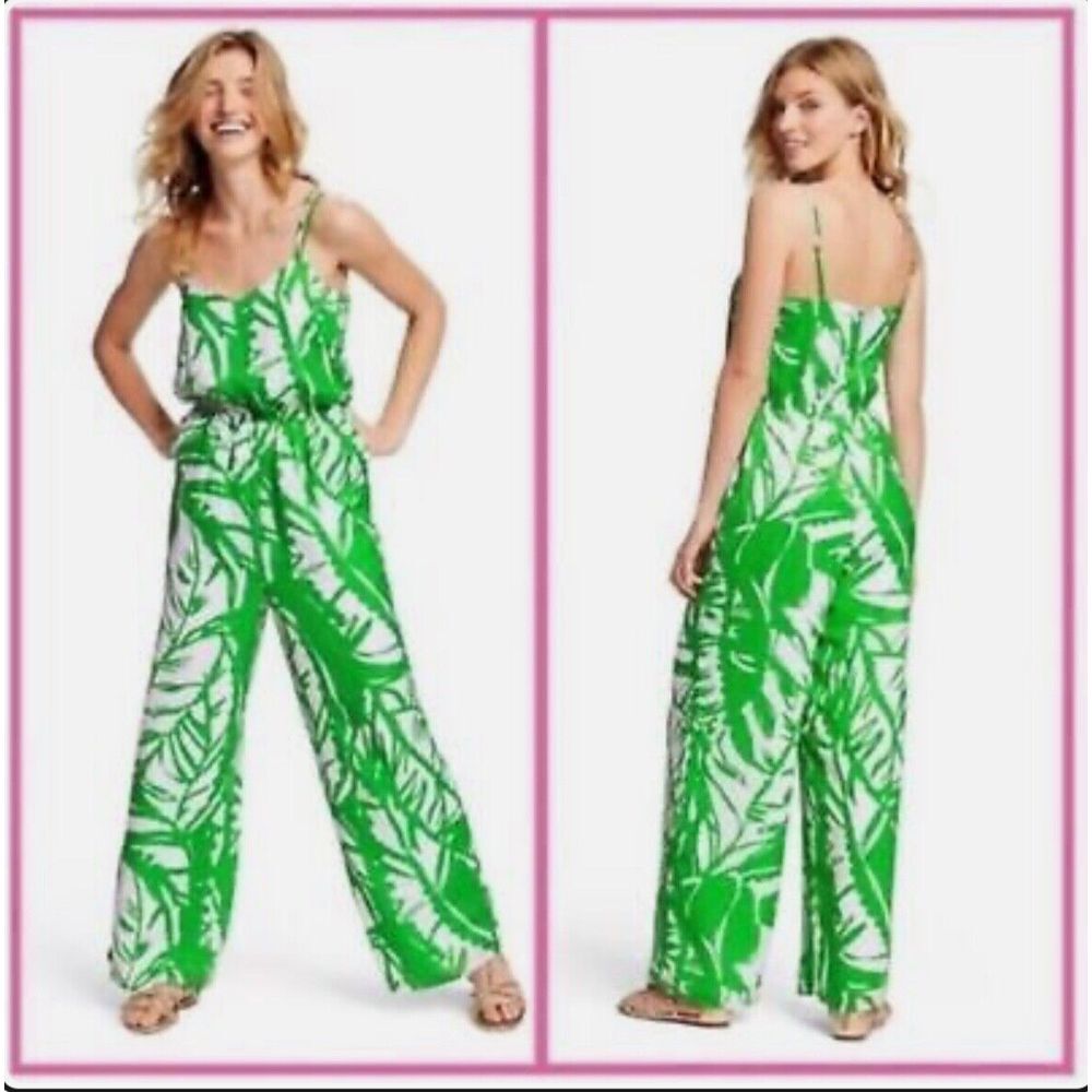 LILLY PULITZER Palm Boom Boom Jumpsuit green white palm leaf high waist XL